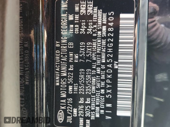 2017 Kia Sorento SX with VIN 5XYPKDA52HG228405, listed as a Copart auction lot 64963725 with 91,079 mi miles and Clean title. Bid and sale history available at DreamBid. Image 14.