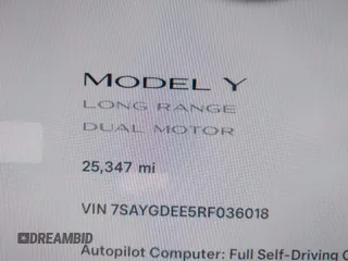 2024 Tesla Model Y Long Range with VIN 7SAYGDEE5RF036018, listed as a IAAI auction lot 42120803 with 25,347 mi miles. Bid and sale history available at carsss.com. Image 15.