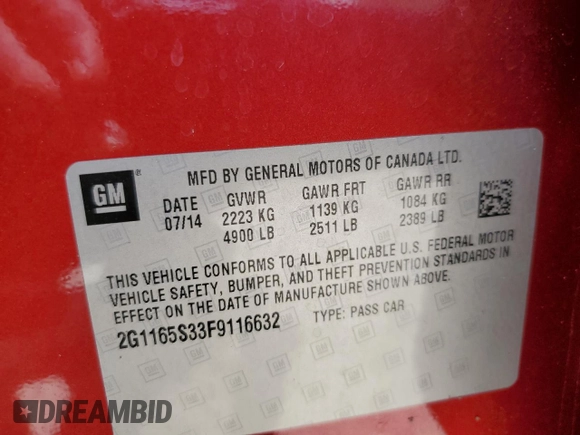 2015 Chevrolet Impala LTZ с VIN 2G1165S33F9116632, выставлен на аукционе Copart как лот 59595795 с пробегом 73 863 миль миль и Списание • Salvage title. История ставок и продаж доступна на DreamBid. Изображение 13.