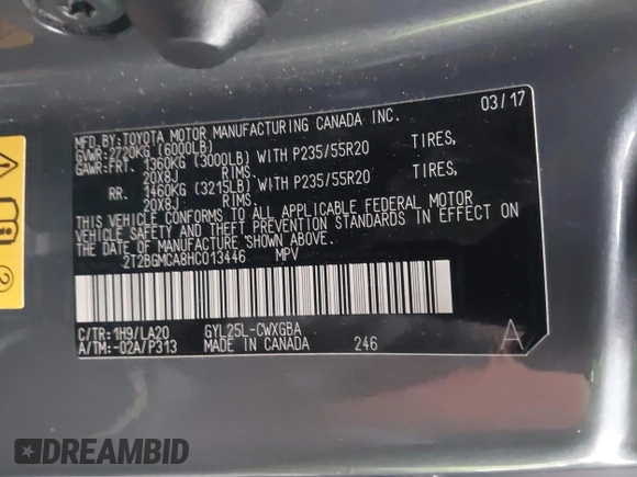 2017 Lexus RX 450h with VIN 2T2BGMCA8HC013446, listed as a IAAI auction lot 41848933 with 59,431 mi miles and . Bid and sale history available at DreamBid. Image 9.