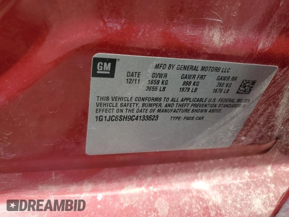 2012 Chevrolet Sonic LT with VIN 1G1JC6SH9C4133623, listed as a Copart auction lot 60065525 with 141,930 mi miles and Salvage title. Bid and sale history available at DreamBid. Image 12.