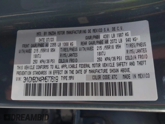 2023 Mazda CX-30 S Carbon Edition with VIN 3MVDMBCM4PM577619, listed as a IAAI auction lot 42219801 with 24,784 mi miles and . Bid and sale history available at DreamBid. Image 9.