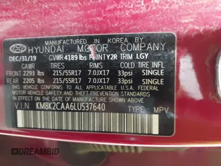 2020 Hyundai Kona SEL with VIN KM8K2CAA6LU537640, listed as a IAAI auction lot 41612563 with 51,838 mi miles. Bid and sale history available at carsss.com. Image 9.