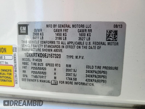 2014 GMC Acadia Denali z VIN 1GKKRTKD9EJ167320, wystawiony jako Copart lot #46899175 z przebiegiem 128 664 mil mil oraz Szkoda całkowita • Salvage title. Historia ofert i sprzedaży dostępna na DreamBid. Obrazek 13.
