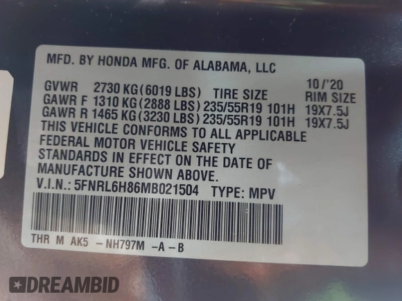 2021 Honda Odyssey Touring with VIN 5FNRL6H86MB021504, listed as a IAAI auction lot 41550040 with 55,068 mi miles. Bid and sale history available at carsss.com. Image 9.