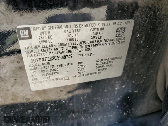2012 Cadillac SRX Premium Collection with VIN 3GYFNFE32CS549742, listed as a Copart auction lot 63304675 with 114,627 mi miles and Salvage title. Bid and sale history available at DreamBid. Image 13.