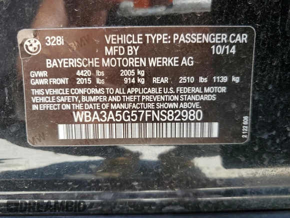 2015 BMW 3 Series 328i с VIN WBA3A5G57FNS82980, выставлен на аукционе Copart как лот 57552205 с пробегом 149 744 миль миль и Списание • Salvage title. История ставок и продаж доступна на DreamBid. Изображение 12.