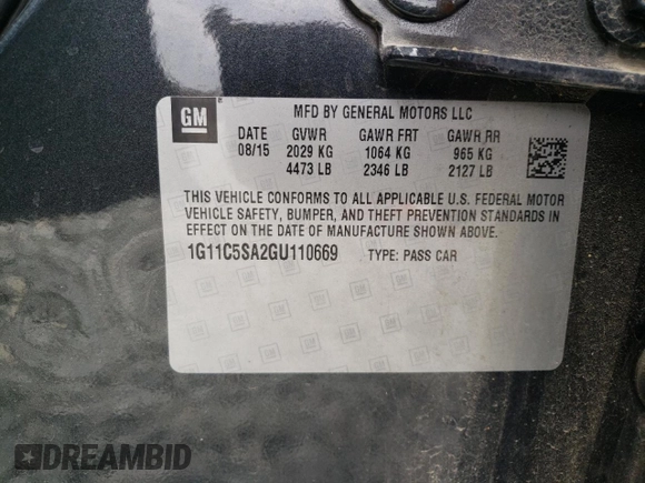 2016 Chevrolet Malibu Limited LT with VIN 1G11C5SA2GU110669, listed as a Copart auction lot 42934103 with 76,601 mi miles. Bid and sale history available at carsss.com. Image 12.