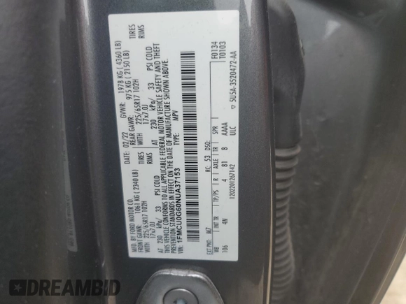 2022 Ford Escape SE z VIN 1FMCU0G60NUA37153, wystawiony jako Copart lot #55214085 z przebiegiem Nie podano mil oraz Szkoda całkowita • Salvage title. Historia ofert i sprzedaży dostępna na DreamBid. Obrazek 13.