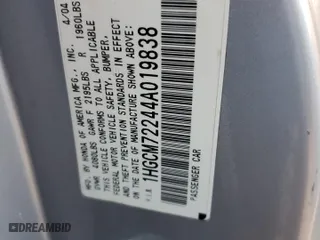 2004 Honda Accord Cpe LX with VIN 1HGCM72244A019838, listed as a Copart auction lot 87719745 with 172,027 mi miles and Salvage Title. Bid and sale history available at carsss.com. Image 13.