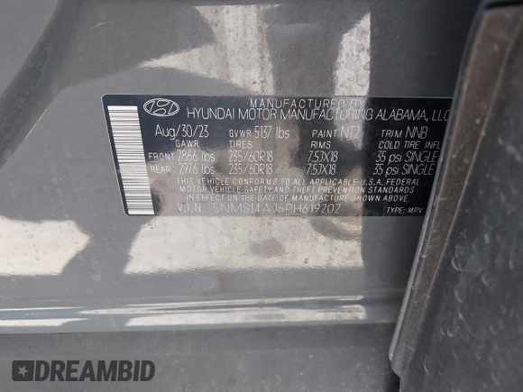 2023 Hyundai Santa Fe SE z VIN 5NMS14AJ6PH619202, wystawiony jako IAAI lot #41984891 z przebiegiem 42 102 mil mil oraz . Historia ofert i sprzedaży dostępna na DreamBid. Obrazek 9.