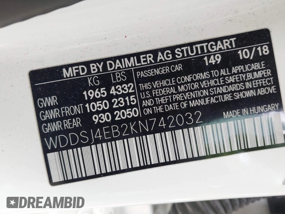 2019 Mercedes-Benz CLA 250 with VIN WDDSJ4EB2KN742032, listed as a IAAI auction lot 42000770 with 114,682 mi miles and . Bid and sale history available at DreamBid. Image 9.