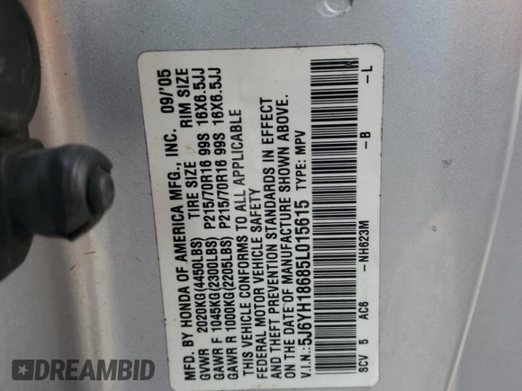 2005 Honda Element EX with VIN 5J6YH18685L015615, listed as a Copart auction lot 43807485 with 306,146 mi miles and Salvage Title. Bid and sale history available at DreamBid. Image 13.
