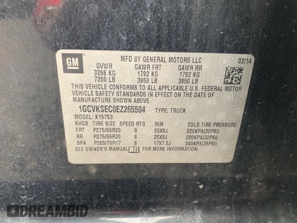 2014 Chevrolet Silverado 1500 LTZ with VIN 1GCVKSEC0EZ265504, listed as a IAAI auction lot 41737186 with 215,850 mi miles and . Bid and sale history available at DreamBid. Image 9.