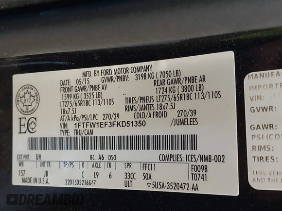 2015 Ford F-150 XLT with VIN 1FTFW1EF3FKD51350, listed as a IAAI auction lot 41413942 with 125,877 mi miles and . Bid and sale history available at carsss.com. Image 9.