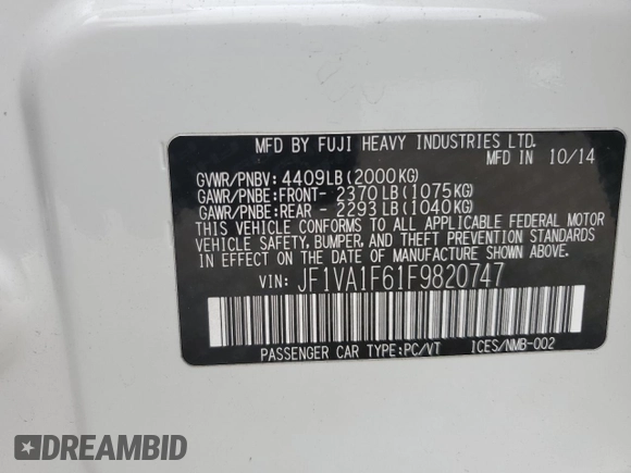2015 Subaru WRX Premium with VIN JF1VA1F61F9820747, listed as a Copart auction lot 59402955 with 64,830 mi miles and Salvage title. Bid and sale history available at DreamBid. Image 12.