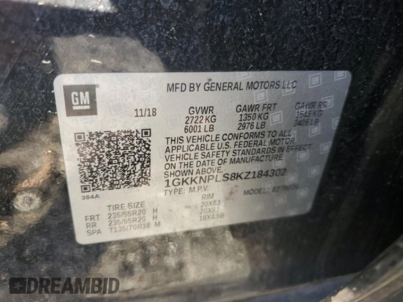 2019 GMC Acadia Denali with VIN 1GKKNPLS8KZ184302, listed as a Copart auction lot 54843895 with 189,094 mi miles and Clean Title. Bid and sale history available at carsss.com. Image 12.