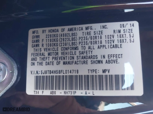 2015 Acura RDX Tech Pkg with VIN 5J8TB4H58FL014719, listed as a IAAI auction lot 41644050 with 149,075 mi miles. Bid and sale history available at carsss.com. Image 9.