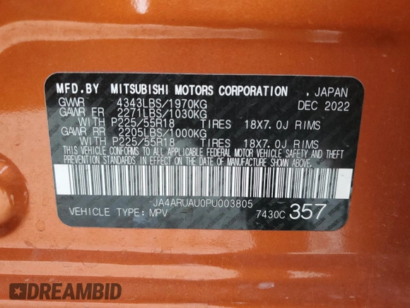 2023 Mitsubishi Outlander ES z VIN JA4ARUAU0PU003805, wystawiony jako Copart lot #51379965 z przebiegiem 63 263 mil mil oraz Szkoda całkowita • Salvage title. Historia ofert i sprzedaży dostępna na DreamBid. Obrazek 14.