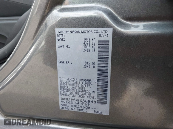 2024 Nissan Altima 2.5 S with VIN 1N4BL4BV5RN388848, listed as a IAAI auction lot 41821662 with 8,890 mi miles. Bid and sale history available at carsss.com. Image 9.
