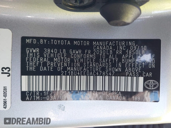 2010 Toyota Corolla with VIN 2T1BU4EE0AC478547, listed as a IAAI auction lot 41789403 with 79,386 mi miles. Bid and sale history available at carsss.com. Image 9.