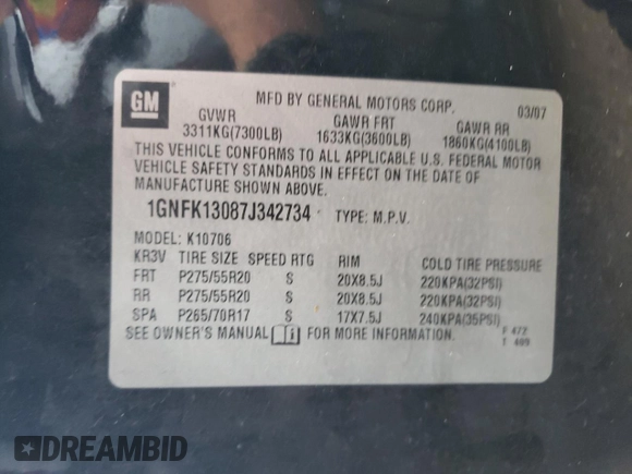 2007 Chevrolet Tahoe LTZ with VIN 1GNFK13087J342734, listed as a Copart auction lot 53401595 with 223,628 mi miles and Salvage title. Bid and sale history available at DreamBid. Image 13.