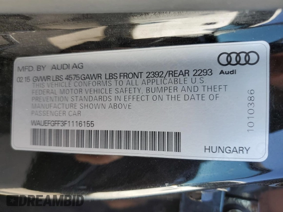 2015 Audi A3 2.0T Premium Plus with VIN WAUEFGFF3F1116155, listed as a Copart auction lot 53770663 with 75,584 mi miles. Bid and sale history available at carsss.com. Image 13.