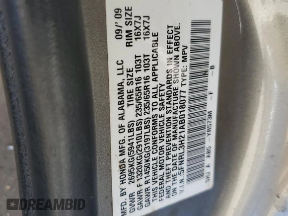 2010 Honda Odyssey LX with VIN 5FNRL3H21AB018077, listed as a Copart auction lot 50621515 with 0 mi miles and Salvage Title. Bid and sale history available at carsss.com. Image 14.