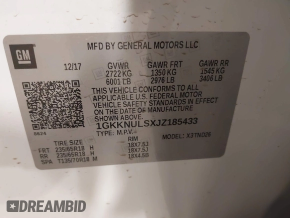 2018 GMC Acadia SLT with VIN 1GKKNULSXJZ185433, listed as a IAAI auction lot 41416333 with 100,296 mi miles and . Bid and sale history available at DreamBid. Image 9.