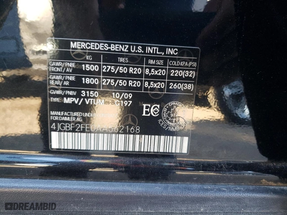 2010 Mercedes-Benz GL-Class GL 350 BlueTEC with VIN 4JGBF2FE0AA562168, listed as a Copart auction lot 75020964 with 0 mi miles and Salvage Title. Bid and sale history available at carsss.com. Image 14.