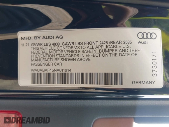 2022 Audi A4 Premium z VIN WAUABAF45NA011914, wystawiony jako IAAI lot #42210116 z przebiegiem 38 404 mil mil oraz . Historia ofert i sprzedaży dostępna na DreamBid. Obrazek 9.