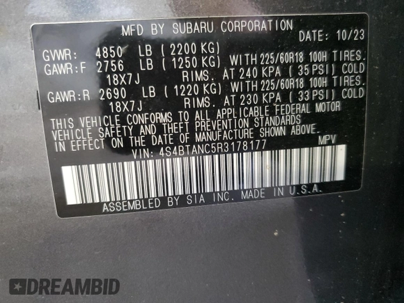2024 Subaru Outback Limited with VIN 4S4BTANC5R3178177, listed as a Copart auction lot 61850495 with 27,349 mi miles and Salvage title. Bid and sale history available at DreamBid. Image 13.