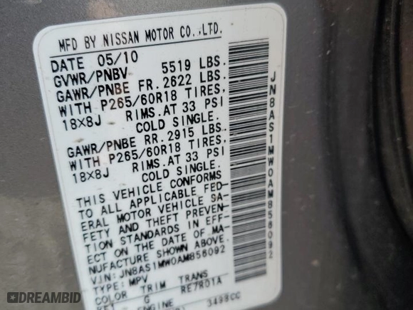 2010 Infiniti FX35 with VIN JN8AS1MW0AM856092, listed as a Copart auction lot 70086704 with 183,242 mi miles and Clean Title. Bid and sale history available at carsss.com. Image 12.