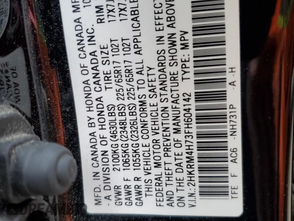 2015 Honda CR-V EX-L with VIN 2HKRM4H73FH604142, listed as a Copart auction lot 46516165 with 124,719 mi miles and Salvage Title. Bid and sale history available at carsss.com. Image 13.