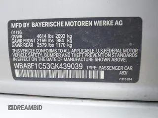 2016 BMW 3 Series with VIN WBA8F1C53GK439039, listed as a IAAI auction lot 40713471 with 117,595 mi miles and . Bid and sale history available at DreamBid. Image 9.