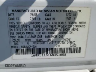 2006 Nissan Altima 2.5 with VIN 1N4AL11D16N451068, listed as a Copart auction lot 51901765 with 0 mi miles and Salvage Title. Bid and sale history available at carsss.com. Image 12.