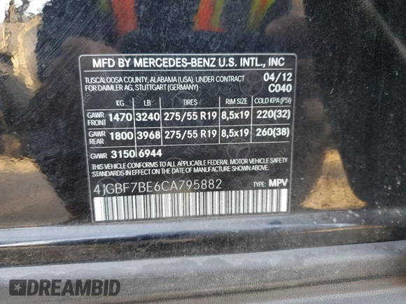 2012 Mercedes-Benz GL-Class GL 450 with VIN 4JGBF7BE6CA795882, listed as a Copart auction lot 73810134 with 86,798 mi miles and Salvage Title. Bid and sale history available at carsss.com. Image 13.
