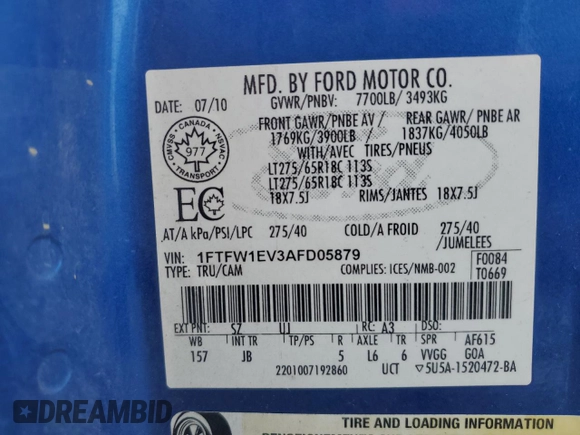 2010 Ford F-150 XL with VIN 1FTFW1EV3AFD05879, listed as a Copart auction lot 62861385 with 214,540 mi miles and Clean title. Bid and sale history available at DreamBid. Image 12.
