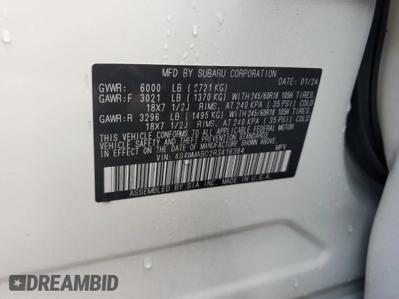 2024 Subaru Ascent Premium with VIN 4S4WMABD2R3416384, listed as a Copart auction lot 72630994 with 19,888 mi miles and Non repairable. Bid and sale history available at DreamBid. Image 14.