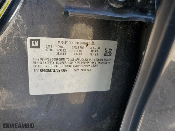 2016 Chevrolet Cruze LT with VIN 1G1BE5SM7G7327397, listed as a Copart auction lot 52234245 with 127,733 mi miles and Salvage Title. Bid and sale history available at carsss.com. Image 12.