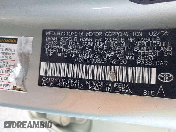 2006 Toyota Prius with VIN JTDKB20U863162130, listed as a IAAI auction lot 42050280 with 253,450 mi miles. Bid and sale history available at carsss.com. Image 9.