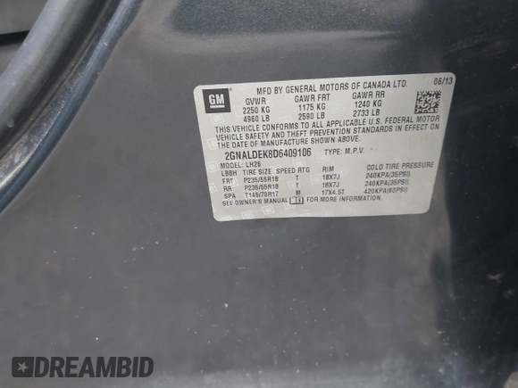 2013 Chevrolet Equinox LT z VIN 2GNALDEK8D6409106, wystawiony jako IAAI lot #40338494 z przebiegiem 213 665 mil mil oraz . Historia ofert i sprzedaży dostępna na DreamBid. Obrazek 9.