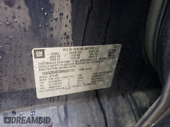 2017 GMC Yukon XL SLT with VIN 1GKS2GKC5HR333101, listed as a Copart auction lot 75831284 with 200,791 mi miles and Clean Title. Bid and sale history available at carsss.com. Image 13.