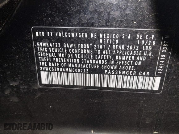 2021 Volkswagen Jetta S z VIN 3VWC57BU4MM009212, wystawiony jako IAAI lot #42136463 z przebiegiem 93 627 mil mil oraz . Historia ofert i sprzedaży dostępna na DreamBid. Obrazek 9.