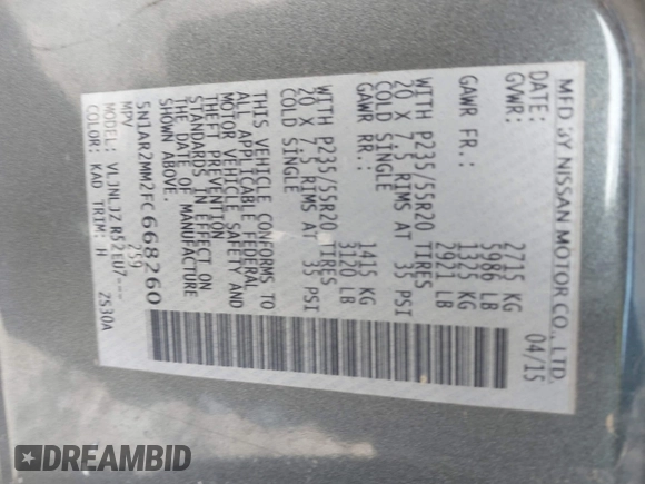 2015 Nissan Pathfinder SL with VIN 5N1AR2MM2FC668260, listed as a IAAI auction lot 41666222 with 196,800 mi miles and . Bid and sale history available at DreamBid. Image 9.