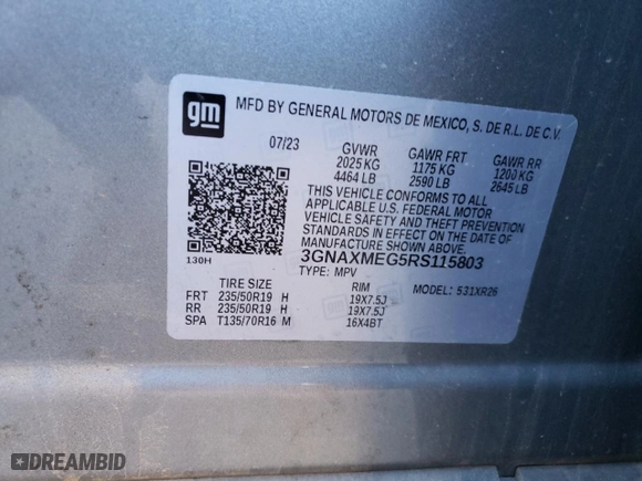 2024 Chevrolet Equinox RS with VIN 3GNAXMEG5RS115803, listed as a Copart auction lot 87407094 with 43,059 mi miles and Salvage Title. Bid and sale history available at carsss.com. Image 15.