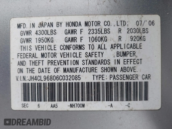 2006 Acura TSX with VIN JH4CL96806C032085, listed as a IAAI auction lot 42340329 with Not provided miles and . Bid and sale history available at DreamBid. Image 9.