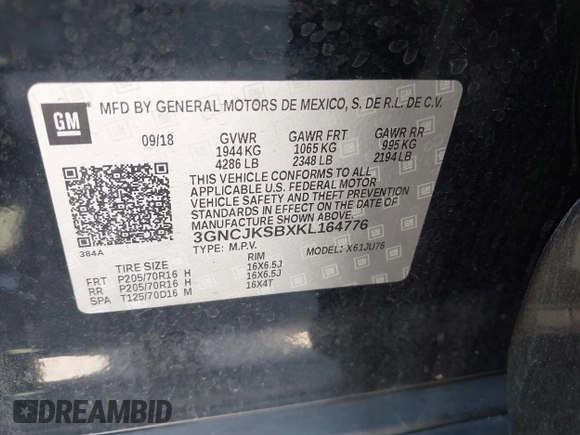 2019 Chevrolet Trax LS with VIN 3GNCJKSBXKL164776, listed as a IAAI auction lot 42064236 with 117,111 mi miles. Bid and sale history available at carsss.com. Image 9.