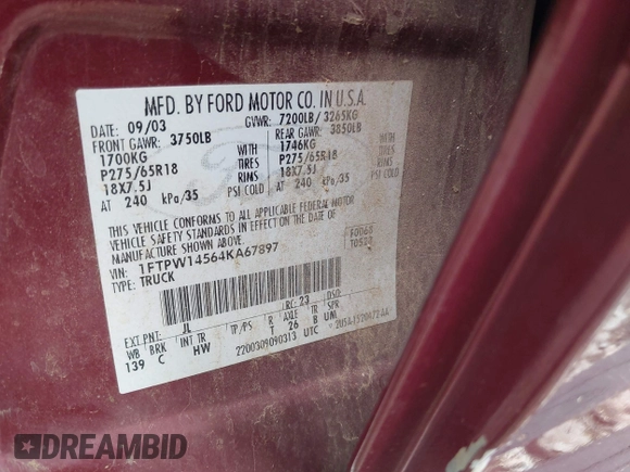 2004 Ford F-150 XLT с VIN 1FTPW14564KA67897, выставлен на аукционе IAAI как лот 42480740 с пробегом 227 778 миль миль и . История ставок и продаж доступна на DreamBid. Изображение 9.