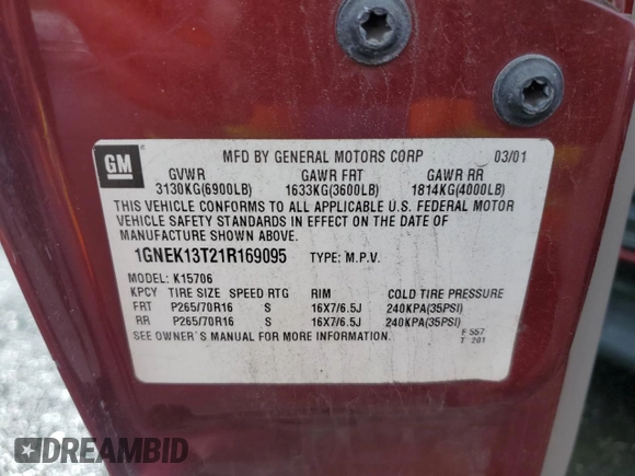 2001 Chevrolet Tahoe LT z VIN 1GNEK13T21R169095, wystawiony jako Copart lot #59579695 z przebiegiem 171 102 mil mil oraz Szkoda całkowita • Salvage title. Historia ofert i sprzedaży dostępna na DreamBid. Obrazek 12.